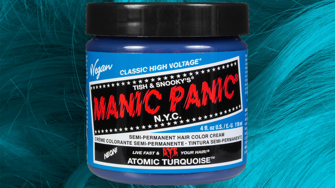 Manic Panic semi-permanent hair color cream in Atomic Turquoise, a bold and vibrant shade of blue-green.