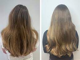 Here's an 8-word alt tag for the image: Before and after hair treatment, healthy shiny hair.
